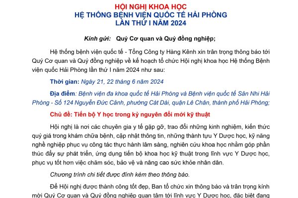 THÔNG BÁO SỐ 2: HỘI NGHỊ KHOA HỌC HỆ THỐNG BỆNH VIỆN QUỐC TẾ HẢI PHÒNG LẦN THỨ 1 NĂM 2024