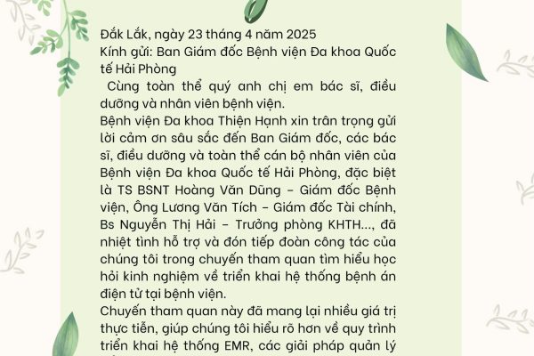 TRÂN QUÝ LÁ THƯ CẢM ƠN TỪ BỆNH VIỆN ĐA KHOA THIỆN HẠNH